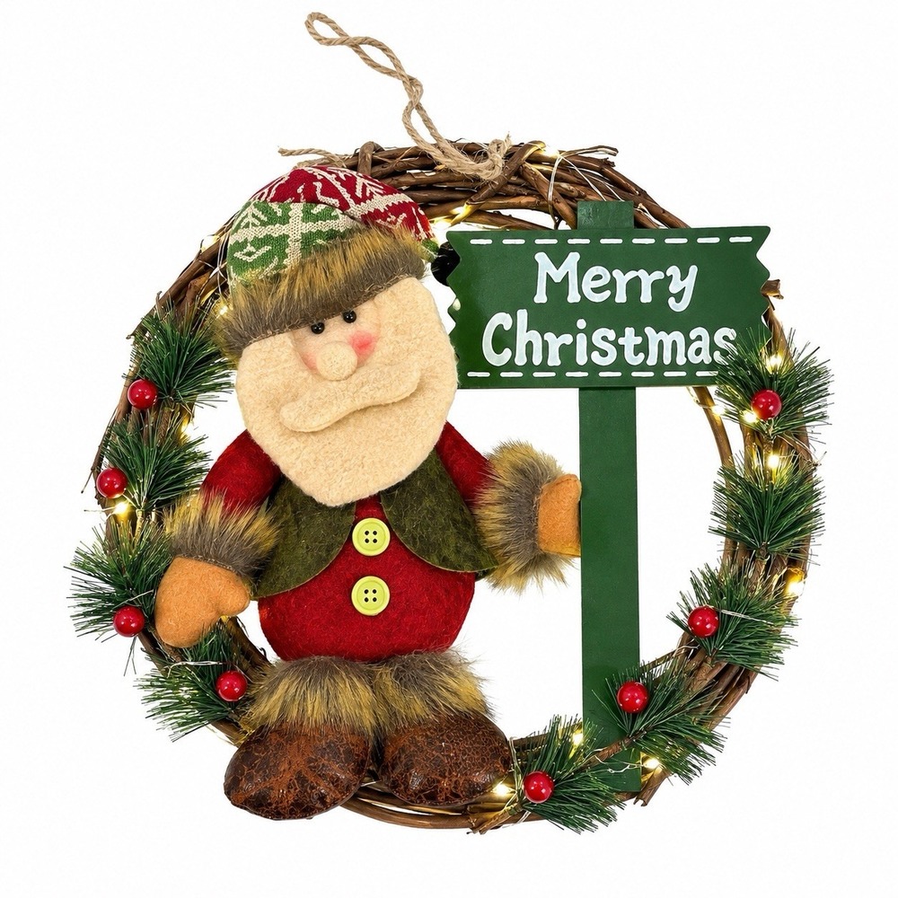 12" Lighted Grapevine Santa Christmas Wreath LED Merry Christmas Door Decor